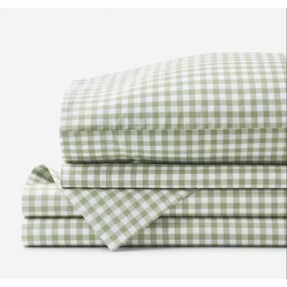 The Company Store Gingham Moss Organic Cotton Percale Full Sheet Set
